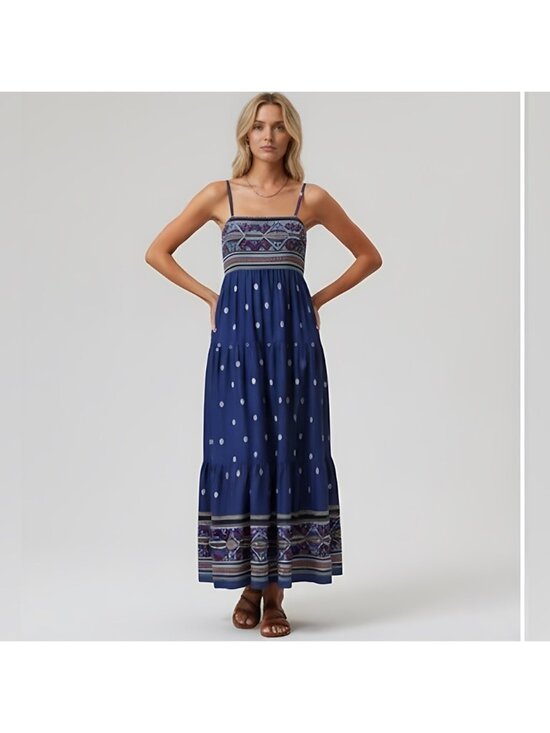 By Design Dresses & Skirts - Blue Boho Geo Print Ruffle Hem Cami Dress